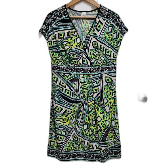 Madison Dress Sz XL Teal Yellow Black Abstract Surplice V Neck Stretchy Cap Slv - Picture 1 of 10